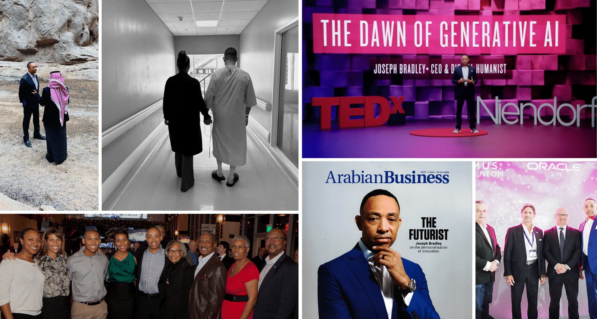Joseph Bradley collage — travel, family, TEDx talk, Arabian Business cover, and industry events